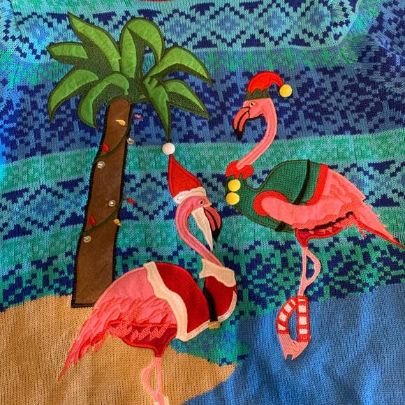 Flamingo Santa Ugly Christmas Sweater Florida Jolly Sweaters Womens LG READ - Picture 4 of 12